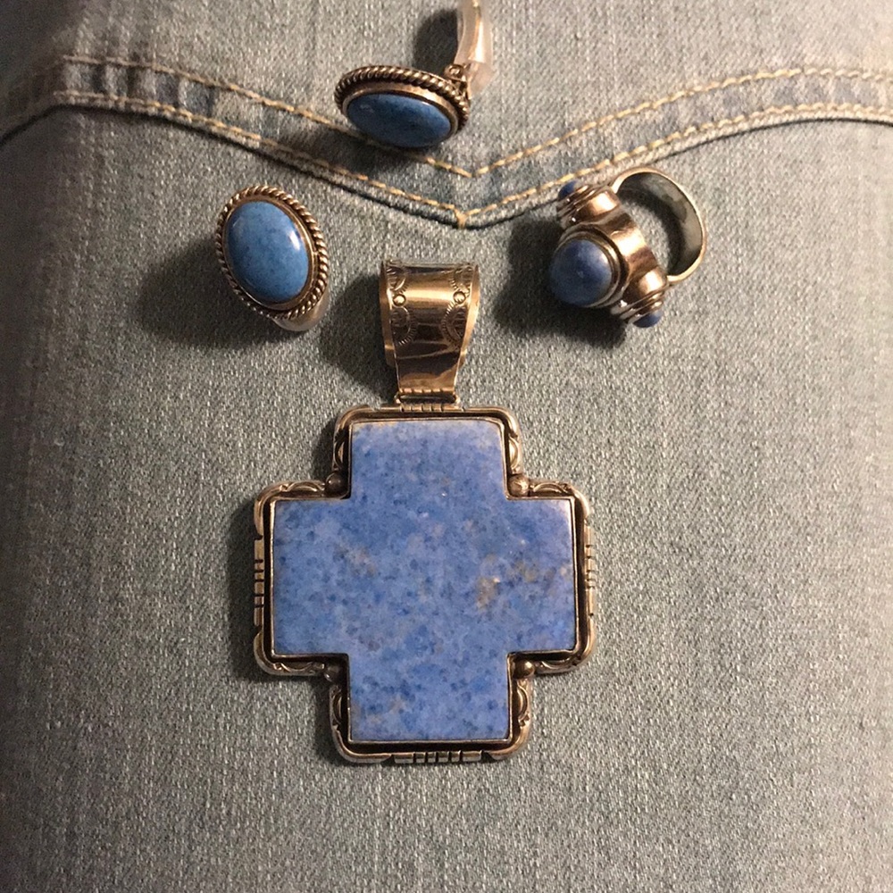 Denim lapis lazuli cross, ring & earrings